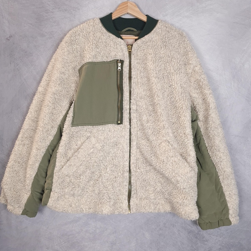 We The Free Jacket Womens Large Oatmeal Sherpa Fleece Bomber Olive Zip Pocket